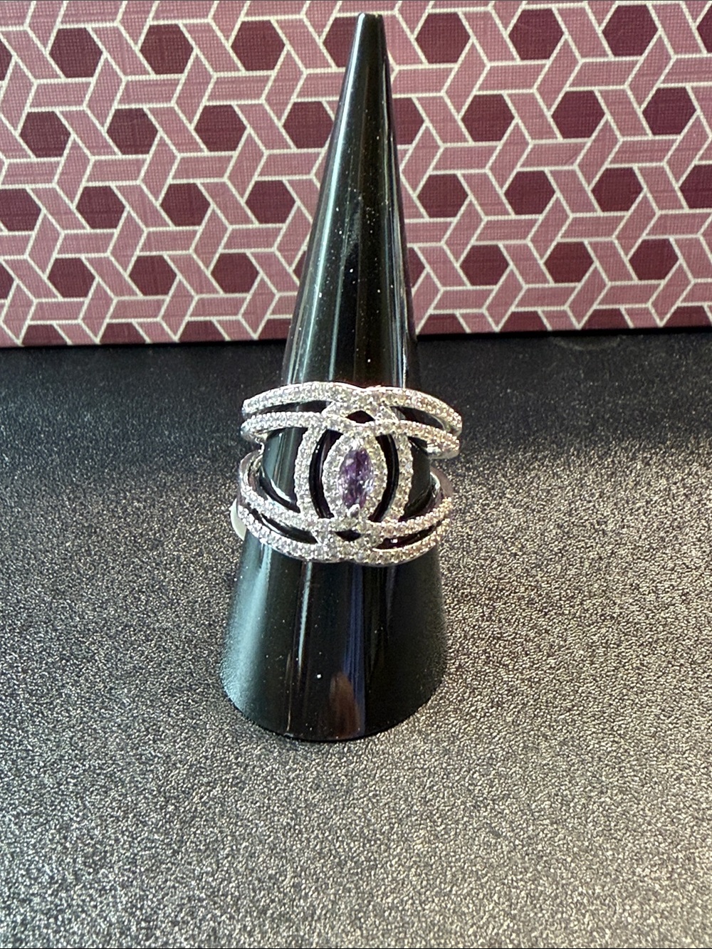 Rhodium Plating,  Purple Marquise Stone Pavé Statement Ring